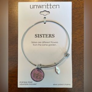 NWT Unwritten “Sisters” Adjustable Message Bangle Bracelet in Stainless Steel